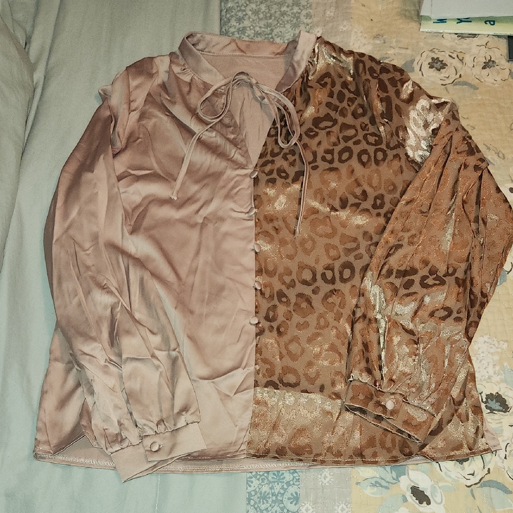 Two-Tone Satin and Leopard Print Blouse